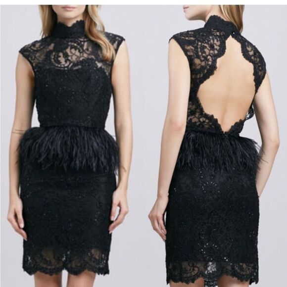 Alice + Olivia, black lace dress with feathers at the waist
